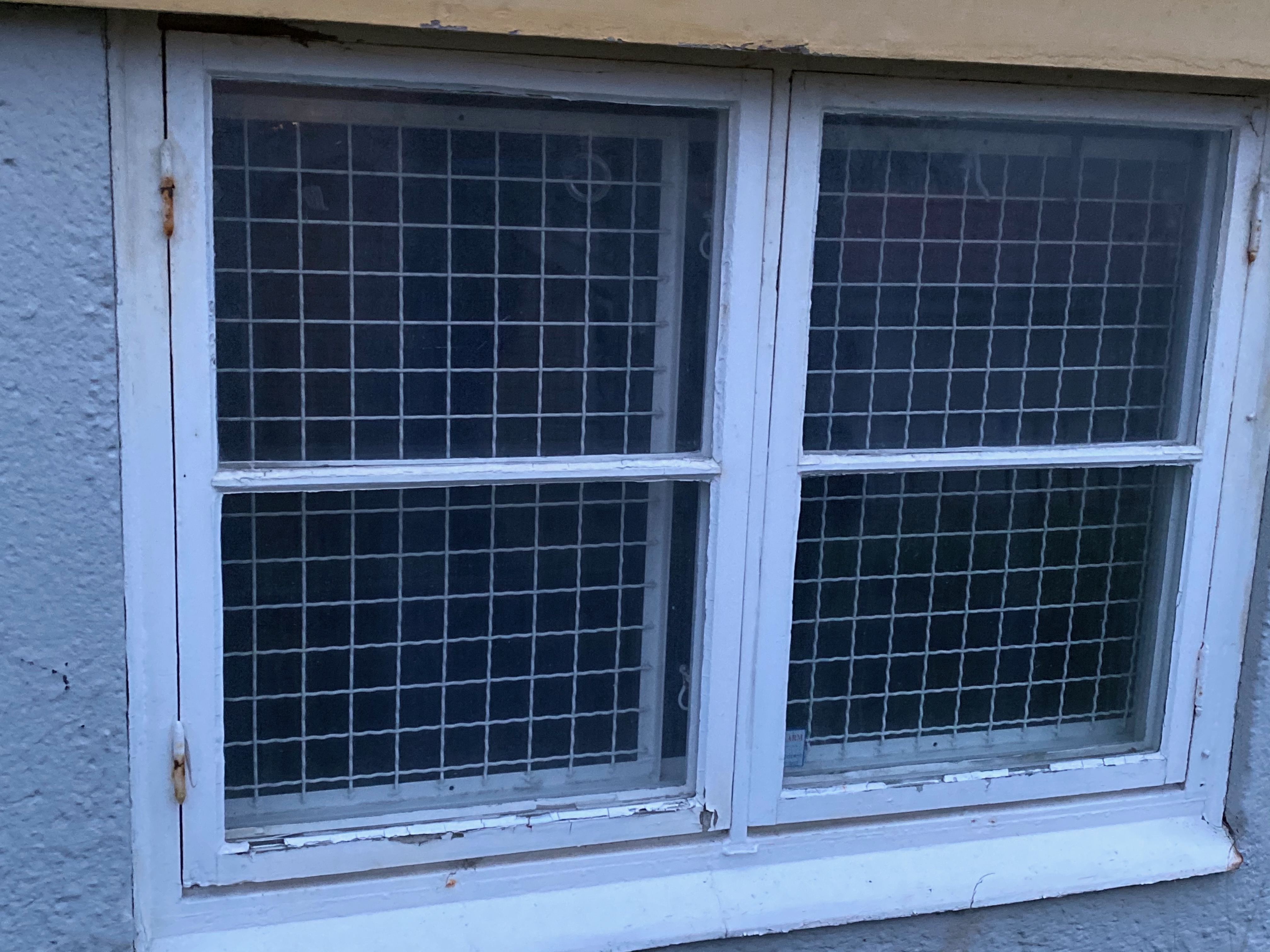 Källarfönster med trådnät och flagnad färg
