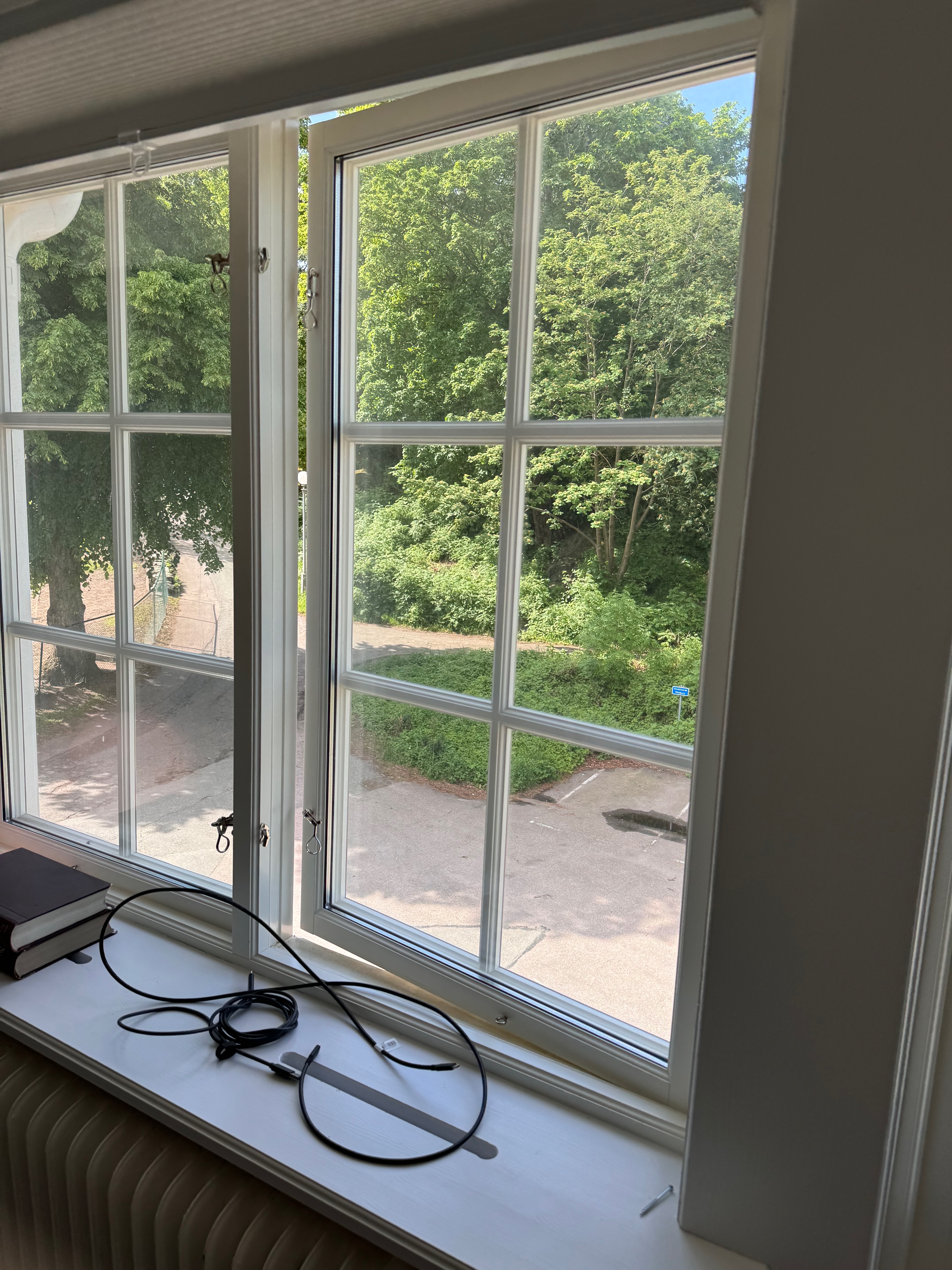 Vy genom fönster mot trädgården